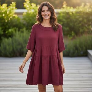 Newbury Kustom Maroon Textured Gauze Tiered Shift Babydoll Mini Dress, Small